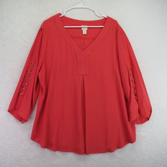Chicos Shirt Womens Size Extra Large Red Lace Up Sleeve V Neck Tunic Blouse - Picture 1 of 8